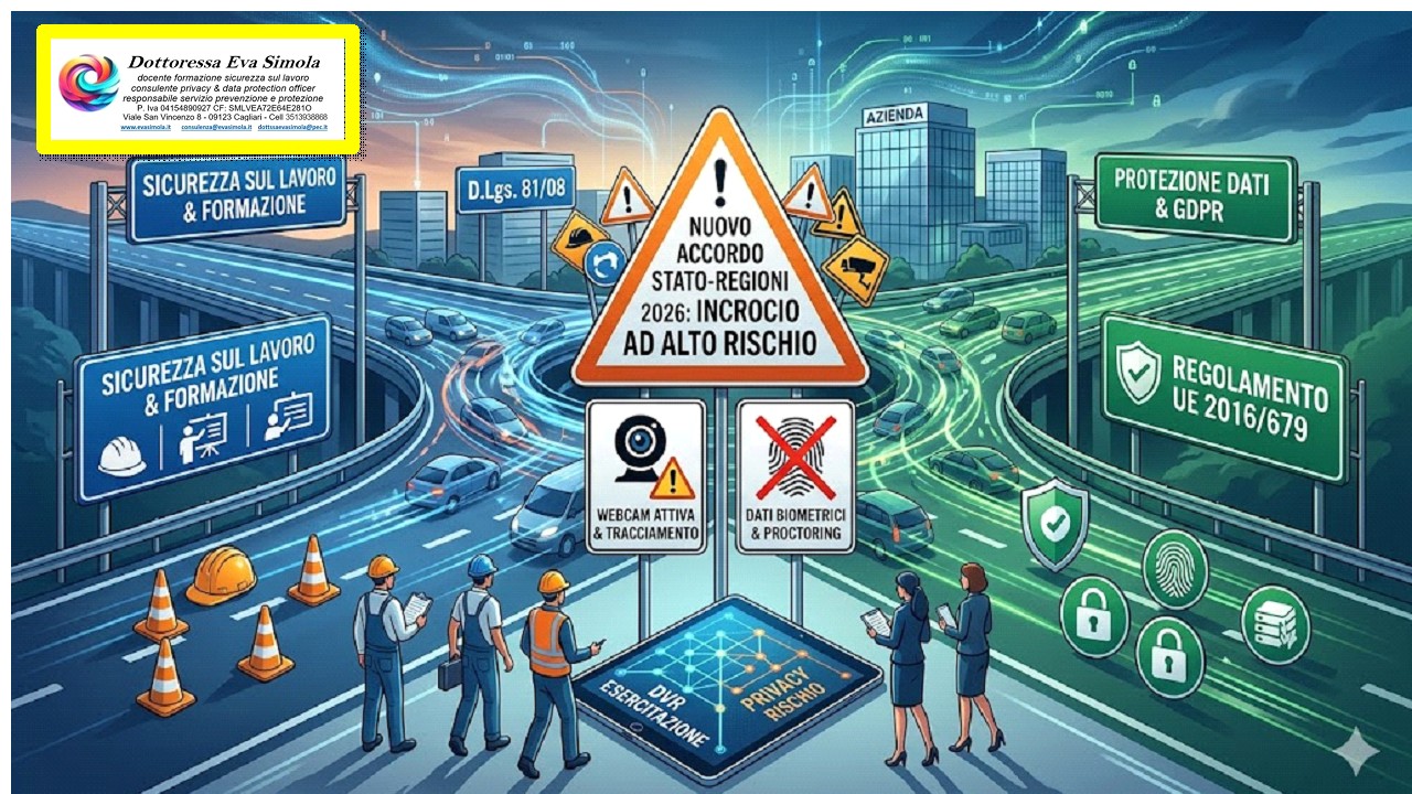 Un'illustrazione concettuale che mostra un grande incrocio autostradale in cui si incontrano due percorsi normativi aziendali: a sinistra la strada blu intitolata "Sicurezza sul Lavoro & Formazione (D.Lgs. 81/08)" e a destra la strada verde intitolata "Protezione Dati & GDPR (Regolamento UE 2016/679)". Al centro della scena campeggia un grande segnale di pericolo stradale con la scritta "Nuovo Accordo Stato-Regioni 2026: Incrocio ad Alto Rischio". Sotto il segnale principale, due cartelli verticali illustrano i nodi critici della webcam attiva e del divieto di tracciamento biometrico (proctoring). In primo piano, operai e manager analizzano un tablet digitale che mostra i rischi legati alle esercitazioni sul DVR. E' presente il biglietto da visita della dottssa Simola Eva