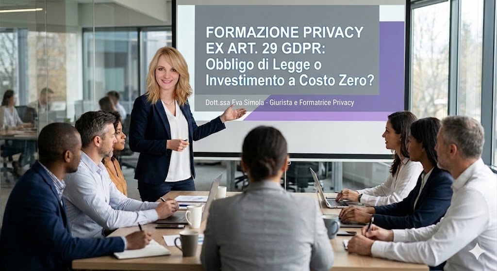 La dott.ssa Eva Simola, bionda e sorridente in un completo blu, presenta una slide sulla formazione privacy ex Art. 29 GDPR a un gruppo di professionisti seduti attorno a un tavolo in una sala riunioni.