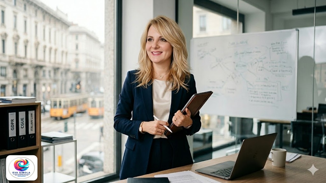 la dott.ssa Eva Simola esperta in privacy e Data Protection Officer (DPO) . La professionista è ritratta in piedi, con un tablet in mano, pronta a valutare strategie di risk assessment e conformità GDPR
