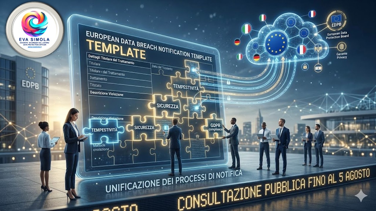 L'immagine rappresenta visivamente il concetto di armonizzazione e unificazione delle notifiche di data breach a livello europeo, mostrando un gruppo di professionisti che, insieme, compongono un grande template digitale all'interno di una cornice dell'EDPB. Ho inserito riferimenti chiari a concetti-chiave come 'Unificazione dei processi', 'Tempestività' e 'Sicurezza', oltre alla bandiera italiana e ai loghi istituzionali europei, mantenendo un tono moderno, autorevole e serio, perfettamente coerente con lo stile di un giornale online generalista