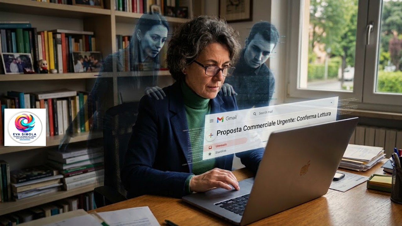 Una professionista lavora al laptop nel suo studio consultando una mail commerciale su Gmail; alle sue spalle figurano sagome spettrali traslucide che simboleggiano il tracciamento invisibile, affiancate da una targa del Garante Privacy.
